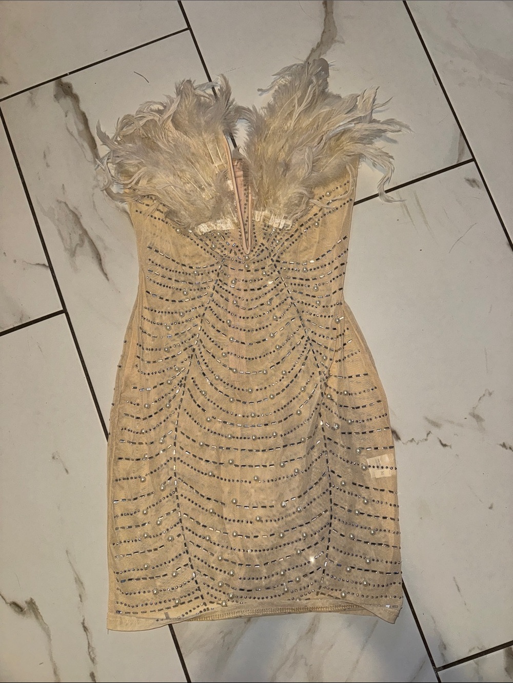 Beige Feather-Trim Bodycon Dress-sheer